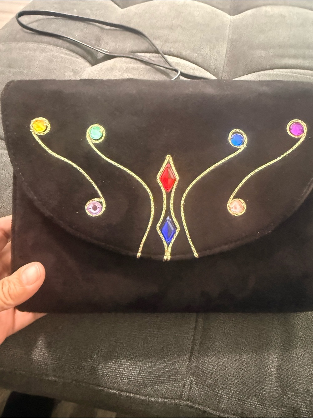 VTG. JRenee Blk suede w/ whimsical gold embroidery and cabochon jewels